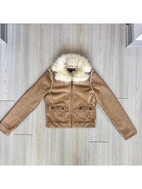 Vintage GUESS Jeans Y2K Faux Suede Shearling Fur Trim Jacket XS Tan Penny Lane